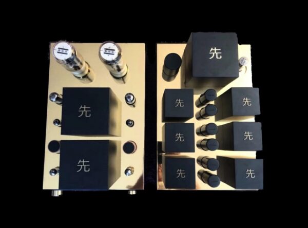 Top view of a GM70 Integrated Amplifier with four visible tubes and multiple black control knobs, each marked with a Chinese character. Top view of a GM70 Integrated Amplifier with four visible tubes and multiple black control knobs, each marked with a Chinese character.