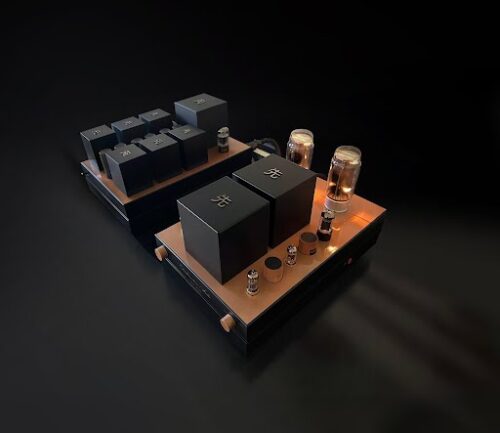A GM70 Integrated Amplifier setup with glowing tubes, black metal chassis, and gleaming accents on a dark background for the discerning audiophile.