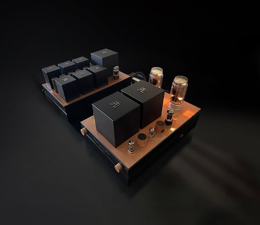 A GM70 Integrated Amplifier setup with glowing tubes, black metal chassis, and gleaming accents on a dark background for the discerning audiophile. A GM70 Integrated Amplifier setup with glowing tubes, black metal chassis, and gleaming accents on a dark background for the discerning audiophile.