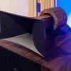 Modern, abstract wooden desk design with curved shapes and contrasting textures, featuring Vista 3-Way Horn Speakers on top.