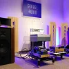 High-end audio equipment from Destination Audio displayed in a room with purple lighting, including Vista 3-Way Horn Speakers and various amplifiers. High-end audio equipment from Destination Audio displayed in a room with purple lighting, including Vista 3-Way Horn Speakers and various amplifiers.