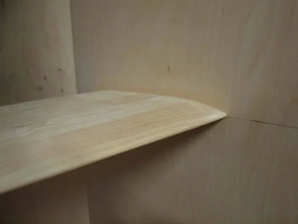 Close-up view of a light wooden shelf inside an empty Vista 3-Way Horn Speakers loudspeaker cabinet, focusing on the smooth texture and edges. Close-up view of a light wooden shelf inside an empty Vista 3-Way Horn Speakers loudspeaker cabinet, focusing on the smooth texture and edges.