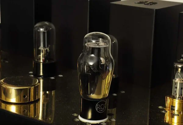 Close-up of Vista 3-Way Horn Speakers on a dark surface with reflections, branded logo visible, alongside their amplifier packaging.
