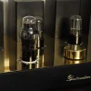A close-up of vacuum tubes on a high-end audio amplifier with "Vista 3-Way Horn Speakers" inscribed on its surface.